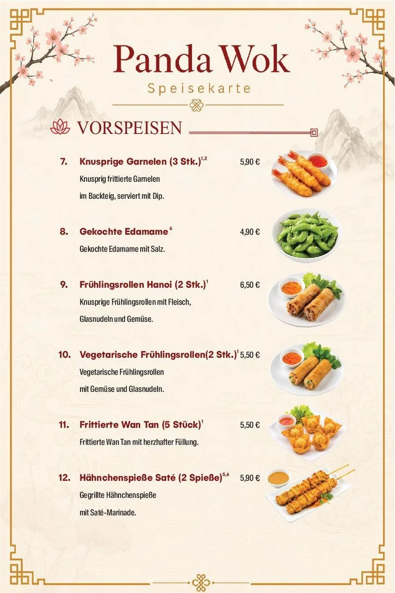 Panda Wok Speisekarte – Vorspeisen · 7–12