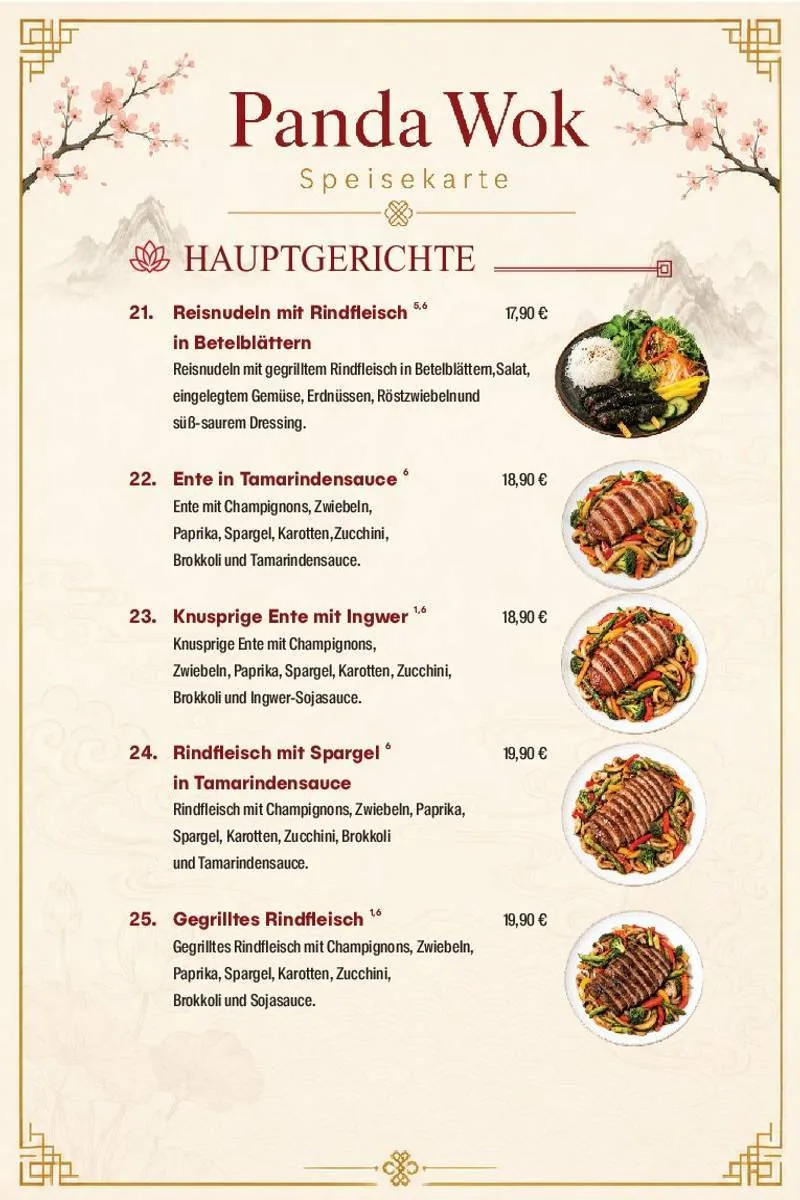Panda Wok Speisekarte – Hauptgerichte · 21–25