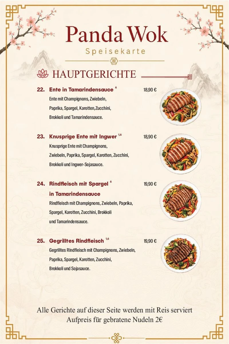 Panda Wok Speisekarte – Hauptgerichte · 22–25