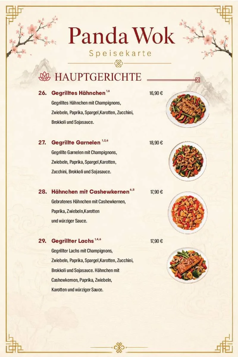 Panda Wok Speisekarte – Hauptgerichte · 26–29