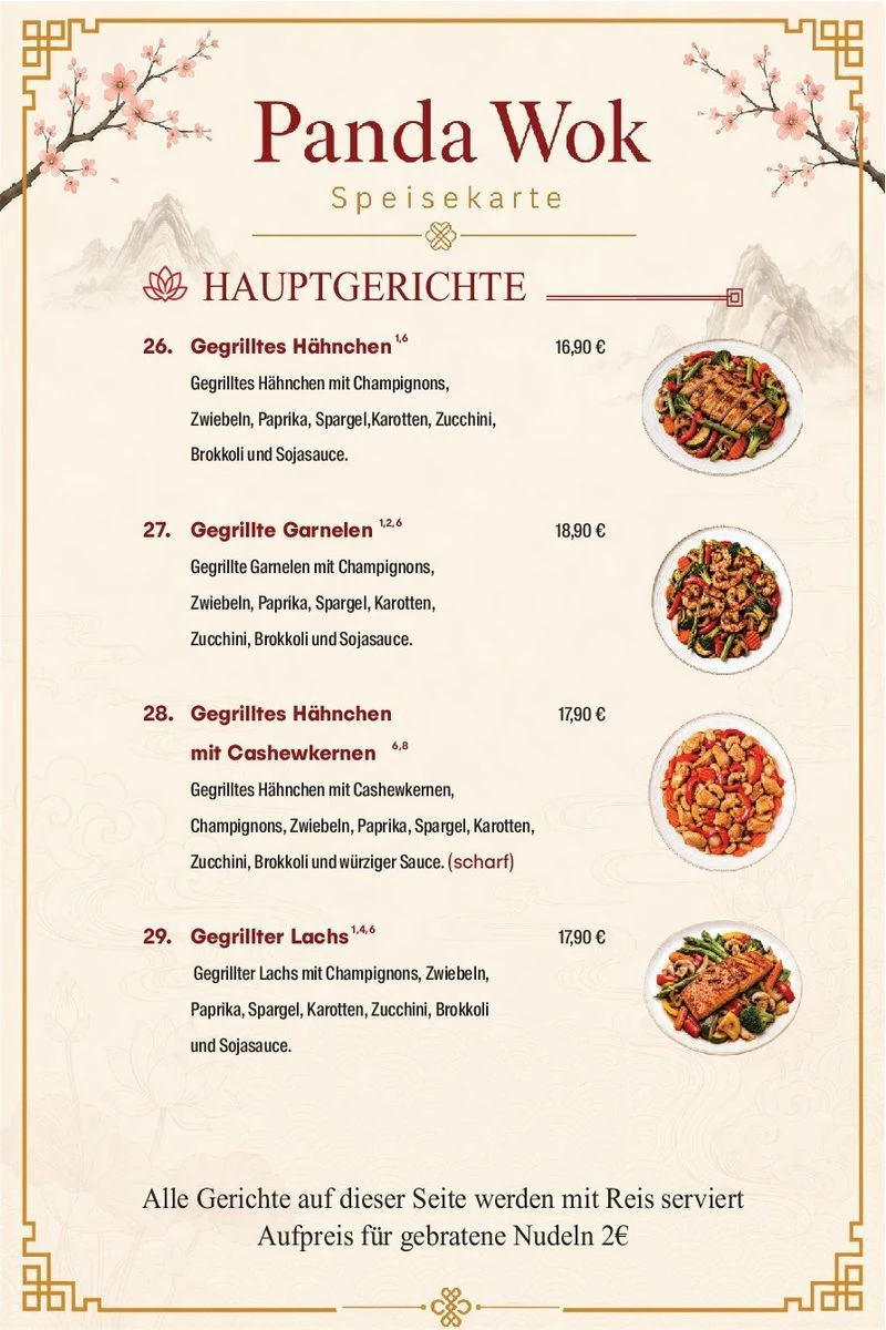 Panda Wok Speisekarte – Hauptgerichte · 26–29