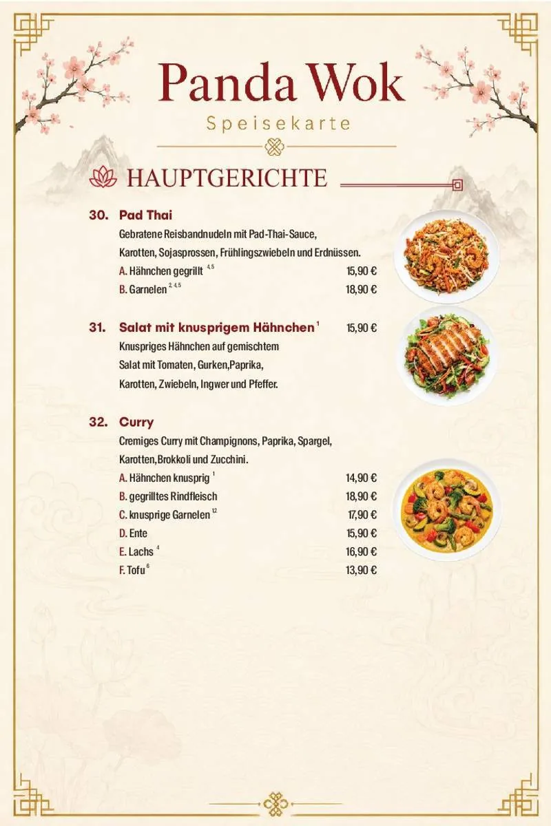 Panda Wok Speisekarte – Hauptgerichte · 30–32