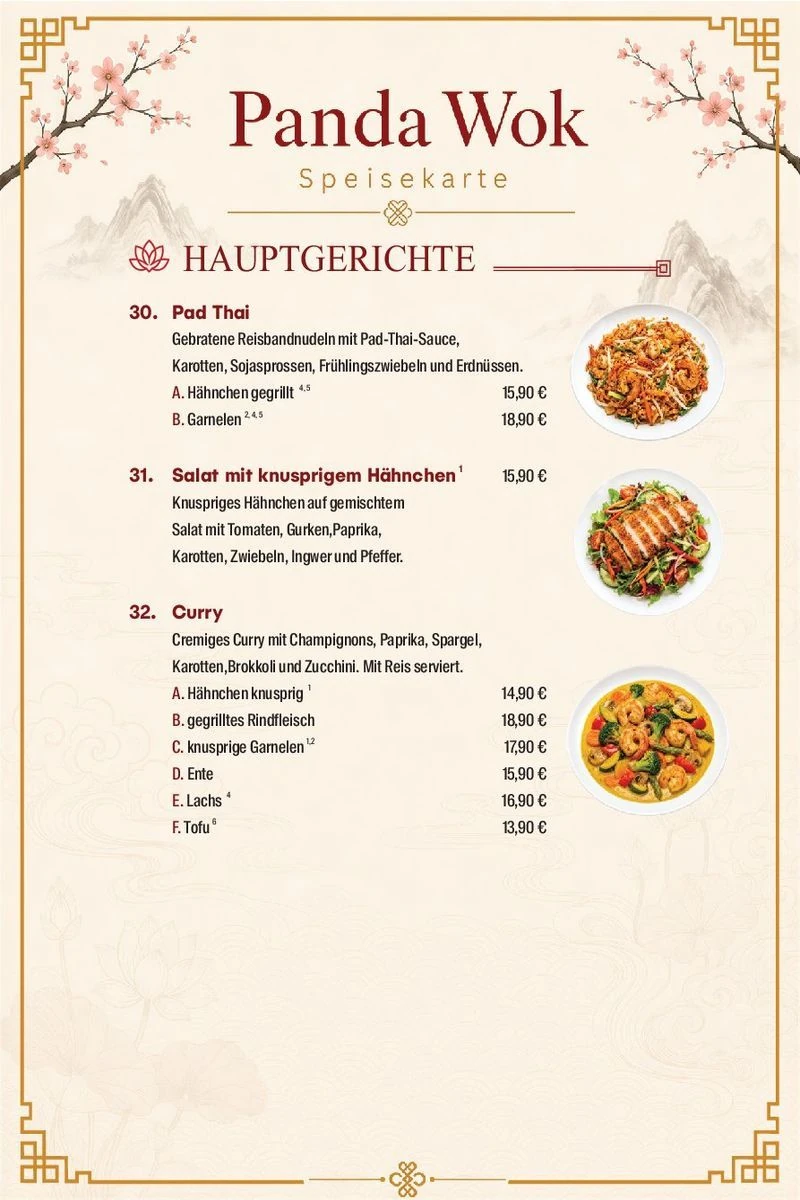Panda Wok Speisekarte – Hauptgerichte · 30–32
