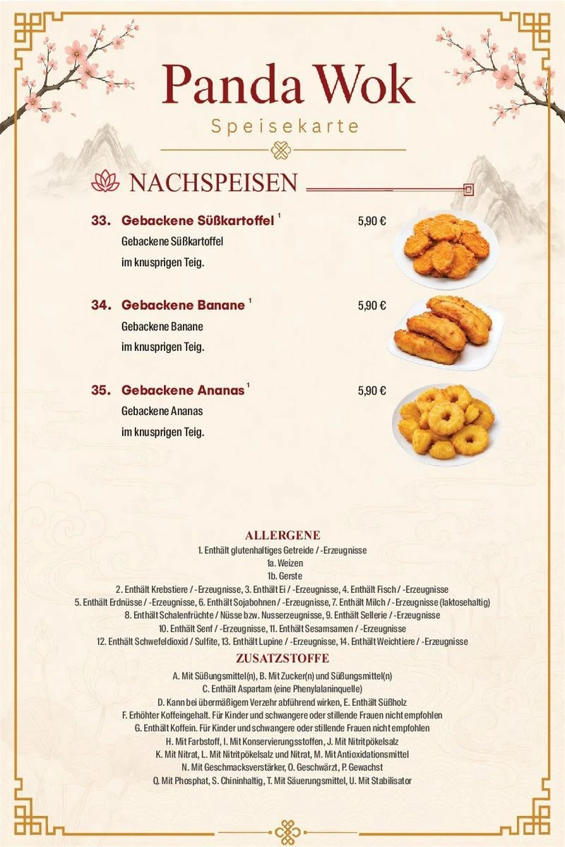 Panda Wok Speisekarte – Nachspeisen · Allergene · Zusatzstoffe