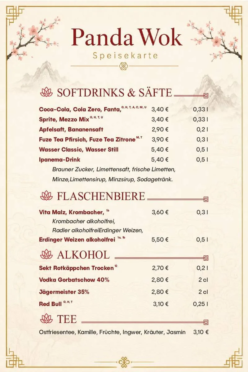 Panda Wok Speisekarte – Getränke